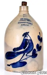 John Kennedy, Outstanding JOHN KENNEDY / ELMIRA, NY Advertising Jug w/ Bold Whites Utica Bird Decoration, circa 1885, Stoneware