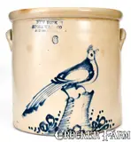 NEW YORK STONEWARE CO. / FORT EDWARD, NY Stoneware Crock w/ Bird-on-Stump Decoration by New York Stoneware Co., circa 1875, Stoneware, sold Aug 2020