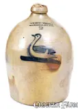 Fine 2 Gal. COWDEN & WILCOX / HARRISBURG, PA Stoneware Swan Jug by Cowden & Wilcox, circa 1865, Stoneware, sold Mar 2020