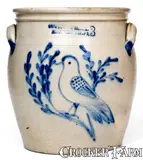 Scarce 3 Gal. COWDEN & WILCOX / HARRISBURG, PA Stoneware Jar w/ Elaborate Bird Scene by Cowden & Wilcox, circa 1865, Stoneware, sold Mar 2020
