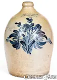 COWDEN & WILCOX / HARRISBURG, PA Stoneware Jug w/ Elaborate Floral Decoration by Cowden & Wilcox, circa 1865, Stoneware, sold Mar 2020