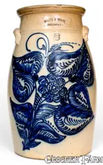 White & Wood, Exceptional WHITE & WOOD / BINGHAMTON, NY 8 Gal. Stoneware Churn w/ Extensive Decoration, circa 1885, Stoneware