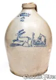 C. Hart & Son, Outstanding C. HART & SON / SHERBURNE Stoneware Jug w/ Incised Deer and House, circa 1866-1885, Stoneware