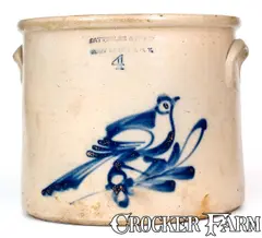 4 Gal. SATTERLEE & MORY / FORT EDWARD, N.Y. Stoneware Bird Crock by Satterlee & Mory, circa 1865, Stoneware, sold Mar 2020