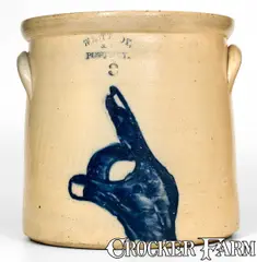West Troy, Very Rare WEST TROY / N.Y. / POTTERY Stoneware Crock w/ Cobalt Pointing Hand, circa 1875, Stoneware