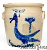M. Woodruff, Rare 4 Gal. M. WOODRUFF / CORTLAND Stoneware Jar w/ Large Cobalt Gooney Bird