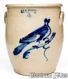 4 Gal. J. & E. NORTON / BENNINGTON, VT Stoneware Jar w/ Bold Bird Decoration by J. & E. Norton, circa 1855, Stoneware, sold Mar 2020