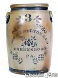 Jas. Hamilton & Co., 3 Gal. JAS. HAMILTON & CO. / GREENSBORO, PA Stoneware Jar w/ Stenciled Decoration