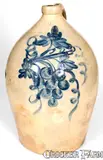 4 Gal. COWDEN & WILCOX / HARRISBURG, PA Stoneware Jug w/ Large Grapes Design by Cowden & Wilcox, circa 1865, Stoneware, sold Oct 2019