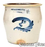 Exceptional COWDEN & WILCOX / HARRISBURG, PA Jar w/ Mustached Man-in-the-Moon by Cowden & Wilcox, circa 1865, Stoneware, sold Oct 2019