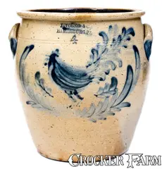 J. Young & Co., Exceedingly Rare J. YOUNG & CO. / HARRISBURG, PA Four-Gallon Stoneware Rooster Jar, circa 1856-1858, Stoneware
