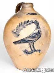 W.H. Farrar & Co., Very Rare W. H. FARRAR & CO. / GEDDES, NY Incised Bird Jug, mid 19th century, Stoneware