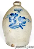 3 Gal. COWDEN & WILCOX / HARRISBURG, PA Stoneware Jug with Floral Decoration by Cowden & Wilcox, circa 1865, Stoneware, sold Oct 2019