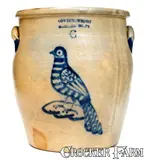 Outstanding COWDEN & WILCOX / HARRISBURG, PA Six-Gallon Stoneware Bird Jar by Cowden & Wilcox, circa 1865, Stoneware, sold Oct 2019
