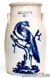 Exceptional J. NORTON & CO. / BENNINGTON, VT Stoneware Pheasant Churn by J. Norton & Co., circa 1860, Stoneware, sold Oct 2019