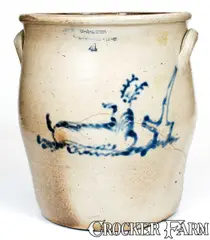 W. A. Lewis, Extremely Rare 4 Gal. W. A. LEWIS / GALESVILLE, NY Stoneware Deer Crock, circa 1858, Stoneware