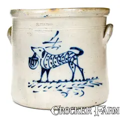 S. Hart, Fine 4 Gal. S. HART / FULTON Stoneware Crock w/ Dog with Basket Decoration, circa 1860, Stoneware