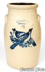 G. S. Guy & Co., Rare G. S. GUY & CO. / FORT EDWARD, N.Y. Stoneware Churn w/ Double Bird Decoration, circa 1880, Stoneware