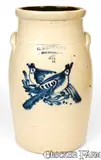 G. S. Guy & Co., Rare G. S. GUY & CO. / FORT EDWARD, N.Y. Stoneware Churn w/ Double Bird Decoration, circa 1880, Stoneware
