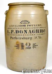 Excelsior Pottery, Fine 12 Gal. EXCELSIOR POTTERY / A. P. DONAGHHO / Parkersburg, W. Va. Stoneware Jar, circa 1880, Stoneware
