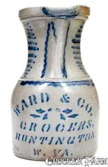 Ward & Co., Outstanding WARD & CO. / GROCERS / HUNTINGTON, W. VA Stoneware Pitcher, circa 1880, Stoneware