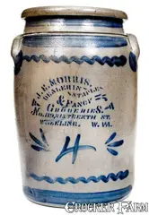 J. E. Morris, 4 Gal. J. E. MORRIS / WHEELING, W. VA Western PA Stoneware Advertising Jar, circa 1875, Stoneware