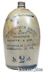 Horkheimer Bros, 2 Gal. HORKHEIMER BRO'S. / WHEELING, W. VA Western PA Stoneware Advertising Jug, circa 1875, Stoneware