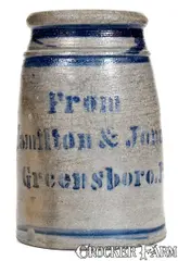 From, "From / Hamilton & Jones / Greensboro, Pa." Stoneware Canning Jar w/ Stripes, circa 1875, Stoneware