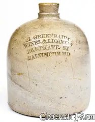 M. Greenbaum, Squat M. GREENBAUM / BALTIMORE, MD Stoneware Liquor Jug, circa 1875, Stoneware