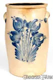 Scarce 5 Gal. COWDEN & WILCOX / HARRISBURG, PA Churn w/ Elaborate Decoration by Cowden & Wilcox, circa 1865, Stoneware, sold Oct 2019