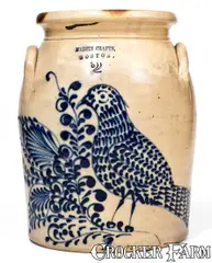 Martin Crafts, Rare and Exceptional MARTIN CRAFTS / BOSTON Stoneware Jar w/ Elaborate Slip-Trailed Bird Design, circa 1855, Stoneware