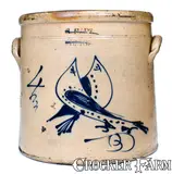 S. Hart, 4 Gal. S. HART / FULTON Stoneware Crock w/ Double Bird Decoration