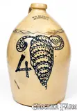W. H. Farrar, Outstanding 4 Gal. W. H. FARRAR / GEDDES, N.Y. Stoneware Jug w/ Slip-Trailed Tornado Decoration, circa 1860, Stoneware
