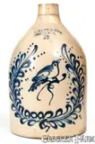 J.S. Taft & Co., Rare J. S. TAFT & CO. / KEENE, N.H. Stoneware Jug w/ Bird in Wreath Decoration, circa 1875, Stoneware