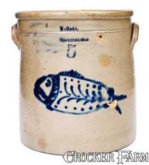 W. Hart, Rare W. HART / OGDENSBURGH Stoneware Crock w/ Detailed Fish Decoration, circa 1860, Stoneware