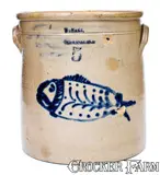 W. Hart, Rare W. HART / OGDENSBURGH Stoneware Crock w/ Detailed Fish Decoration, circa 1860, Stoneware