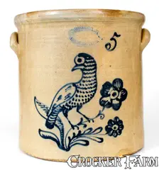 J. Burger Jr, Rare J. BURGER JR. / ROCHESTER, NY Stoneware Crock w/ Slip-Trailed Bird Decoration, circa 1885, Stoneware