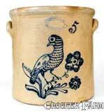 J. Burger Jr, Rare J. BURGER JR. / ROCHESTER, NY Stoneware Crock w/ Slip-Trailed Bird Decoration