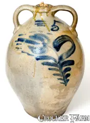 I.M. Mead, 5 Gal. I. M. MEAD / Mogadore, Ohio Double-Handled Stoneware Jug w/ Floral Decoration, circa 1840, Stoneware