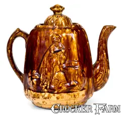 J. Mayer, Rare J. MAYER / TRENTON, NJ (Arsenal Pottery) Rockingham Rebekah at the Well Teapot, circa 1870, Stoneware