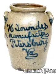 H. Loundes, Rare "H. Loundes / Manufacturer / Petersburg, Va" Stoneware Jar, circa 1845, Stoneware