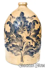 M. & T. Miller, Exceptional M. & T. MILLER / NEWPORT, PA Stoneware Jug w/ Elaborate Bird and Floral Decoration, circa 1870, Stoneware