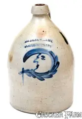 Cowden & Wilcox, Very Rare COWDEN & WILCOX / HARRISBURG, PA Stoneware Jug w/ Man-in-the-Moon, circa 1865, Stoneware