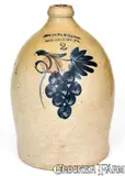 COWDEN & WILCOX / HARRISBURG, PA Stoneware Jug w/ Cobalt Grapes Decoration by Cowden & Wilcox, circa 1865, Stoneware, sold Jul 2019