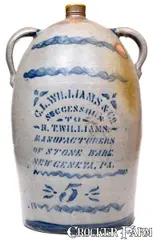 Rare C. L. WILLIAMS & CO. / SUCCESSORS TO R. T. WILLIAMS / NEW GENEVA, PA Double-Handled Jug by C. L. Williams & Co., circa 1890, Stoneware, sold Jul 2019