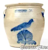 Unusual COWDEN & WILCOX / HARRISBURG, PA Stoneware Jar with Bird on Leaf Decoration by Cowden & Wilcox, circa 1865, Stoneware, sold Jul 2019