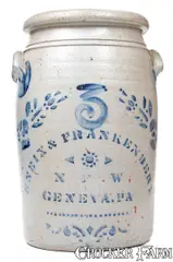 Eneix & Frankenbery, Rare 3 Gal. ENEIX & FRANKENBERY / NEW GENEVA, PA Stoneware Jar, circa 1875, Stoneware