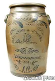 Hamilton & Jones, 10 Gal. HAMILTON & JONES/ GREENSBORO, PA Stoneware Jar w/ Brushed and Stenciled Decoration, circa 1875, Stoneware