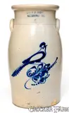 4 Gal. E. & L. P. NORTON / BENNINGTON, VT Stoneware Bird Churn by E & L P Norton, circa 1870, Stoneware, sold Jul 2019