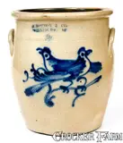 J. NORTON & CO. / BENNINGTON, VT. Stoneware Jar with Double Bird Decoration by J. Norton & Co., circa 1855, Stoneware, sold Jul 2019